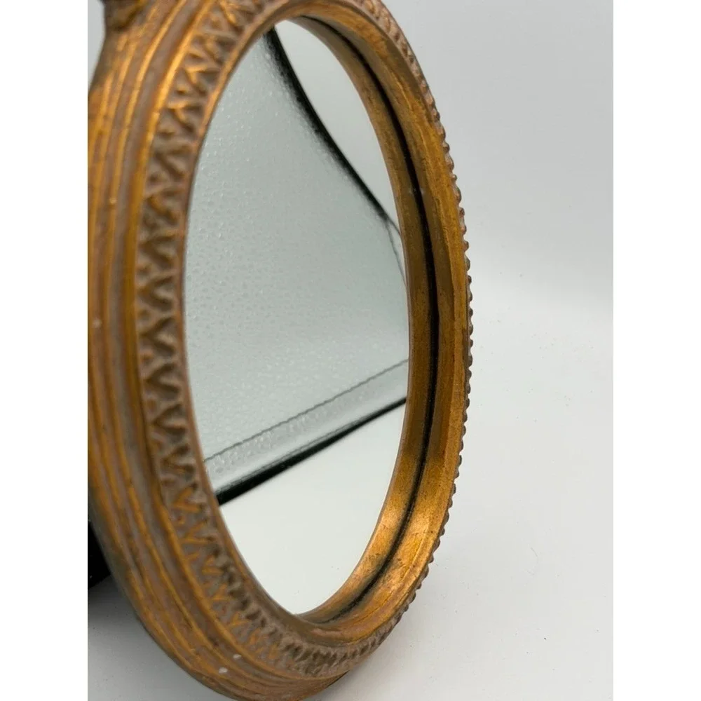 Vintage Ornate Gold Tone Round Tabletop Vanity Mirror w/ Easel Stand 10